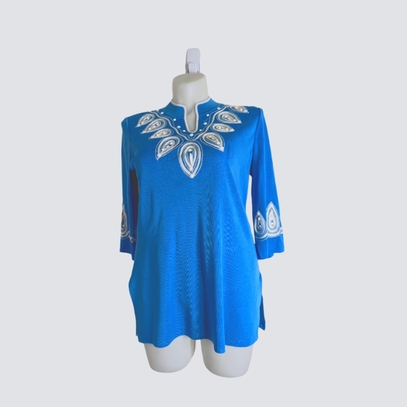 Ming Wang Beaded Embroidered Tunic Top 3/4 Sleeves Light Blue & White Size Large - Picture 2 of 9